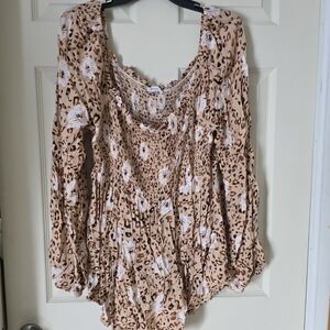Chic Soul Tan Leopard Print Smocked Blouse